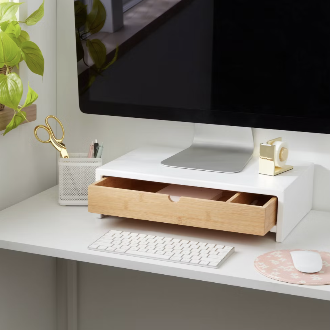 White Monitor Stand with Drawer, $25