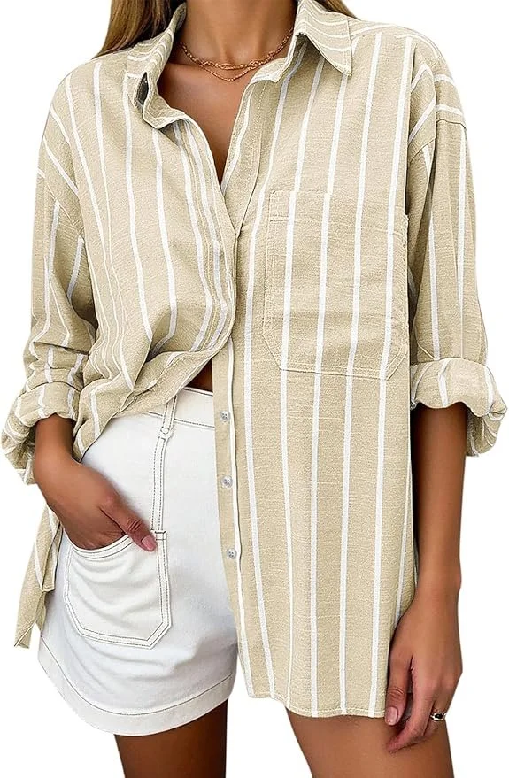 Khaki &amp; White Striped Oversized Shirt, $25
