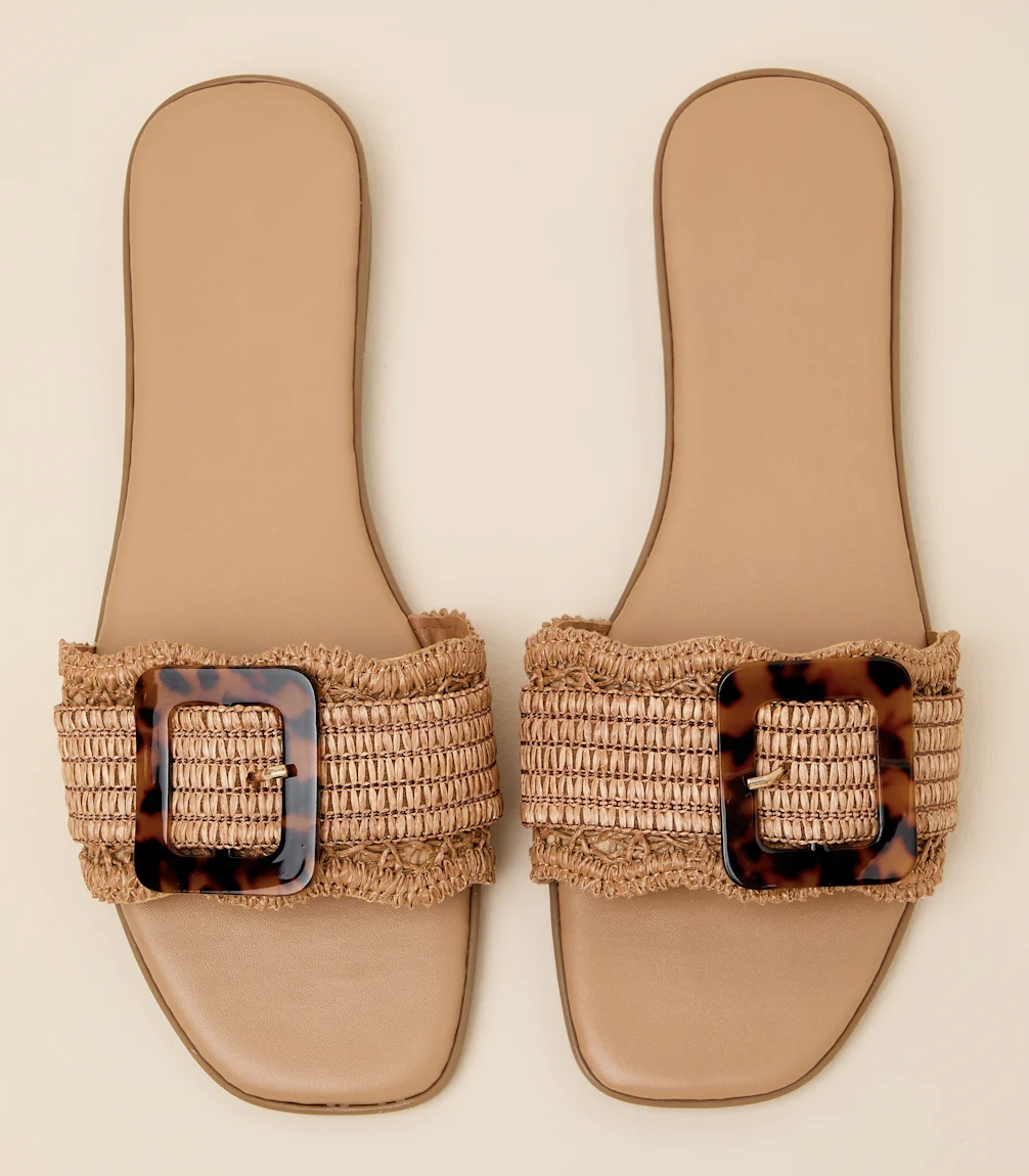Henia Tan Raffia Buckle Slide Sandals, $29