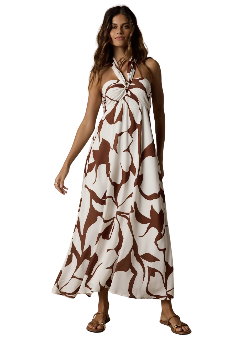 Adalina Brown and White Floral Halter Midi Dress