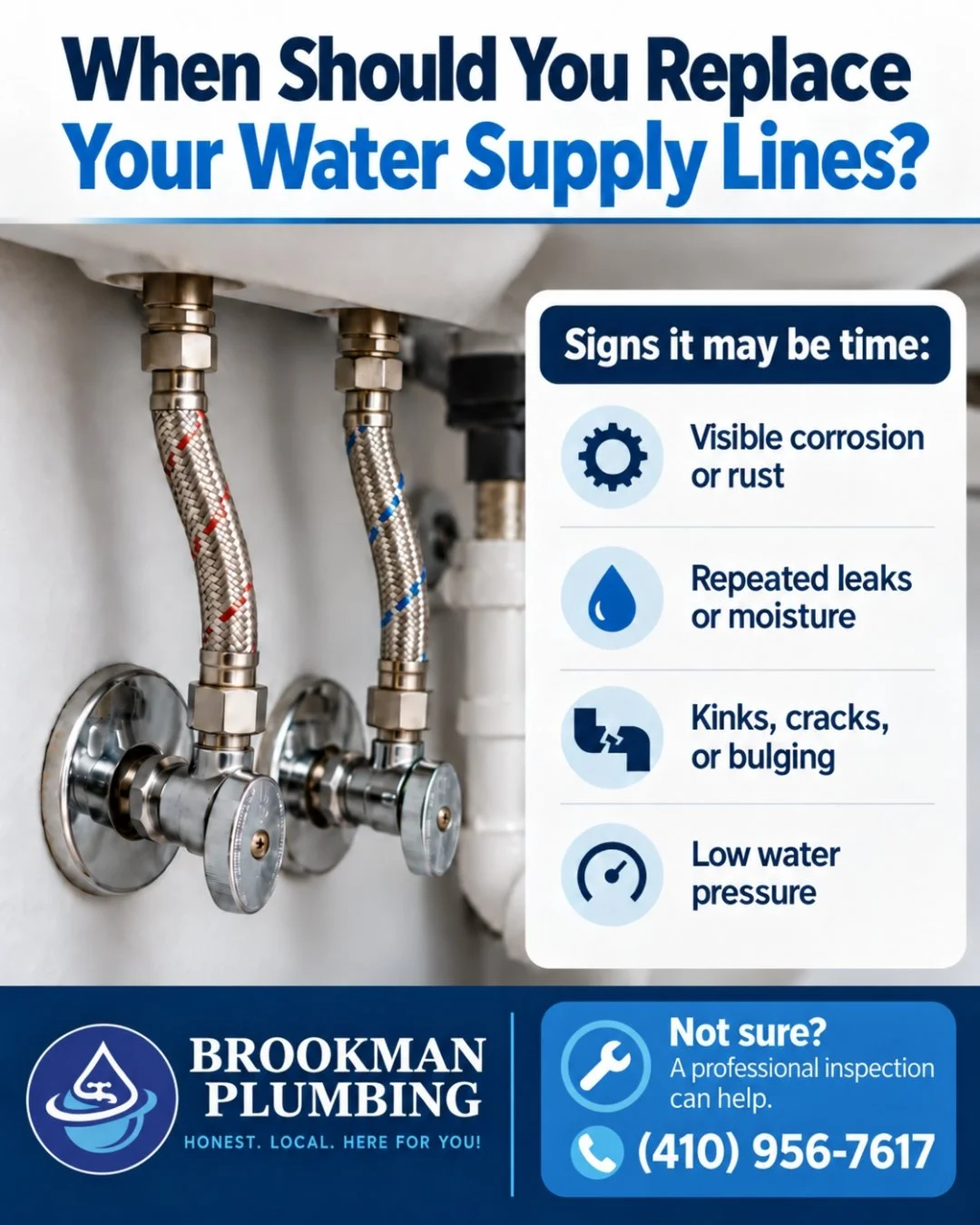 It's easy to overlook the plumbing underneath your sinks until something goes wrong! Over time, water supply lines can wear down, develop leaks, or show signs of corrosion.

Taking a few minutes to check them now could help prevent an unexpected leak