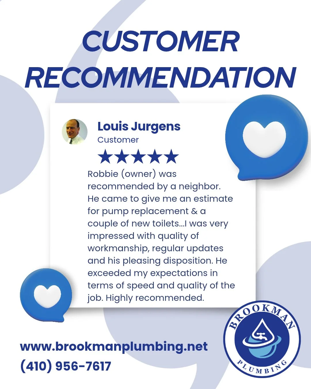⭐️⭐️⭐️⭐️⭐️ Another happy Brookman Plumbing customer!

We love hearing feedback like this! Thank you, Louis, for sharing your experience and trusting Robbie with your plumbing needs.

From start to finish, we believe in quality workmanship, clear comm