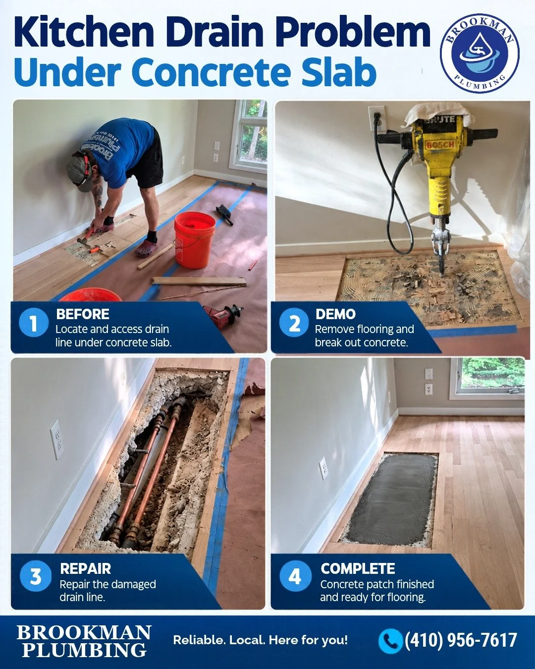 Sometimes the problem is deeper than it looks.

This kitchen drain issue was located under the concrete slab, which meant opening the floor, accessing the line, making the repair, and patching the area back up. 

Not every plumbing problem is a quick