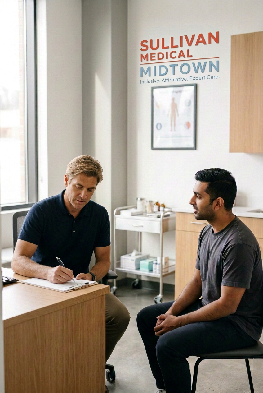 2 men at a doctors office that specializes in Gay Men's Health