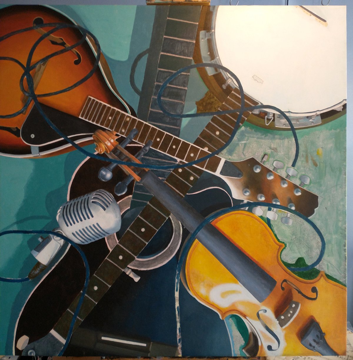 Here, I started painting the mic cable and completely lost interest in a painted background. Instead, opted to use old, torn sheet music.
