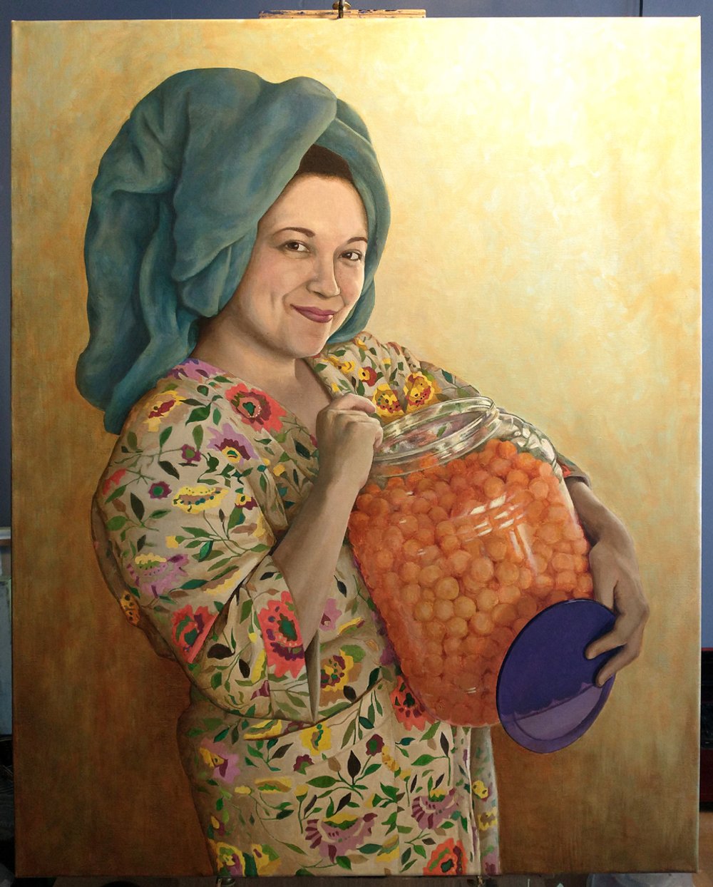 The background is mostly completed here. It's built up with multiple layers of thinned out paint.