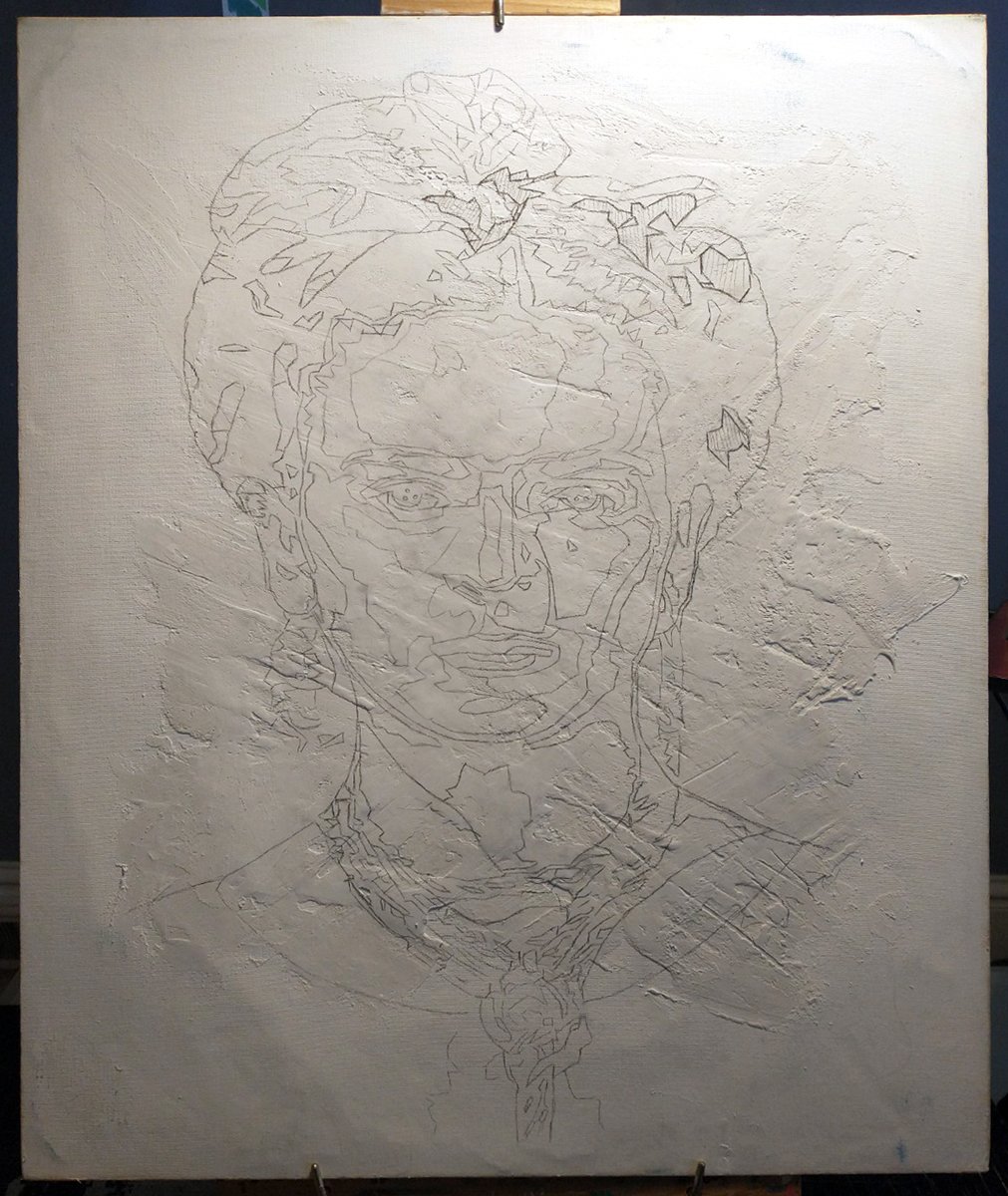 Frida Fresco: First step was to take this 24in x 30in reclaimed canvas and fill the back void with a layer of plaster for structure. Then, the front was covered in plaster and the image drawn on.