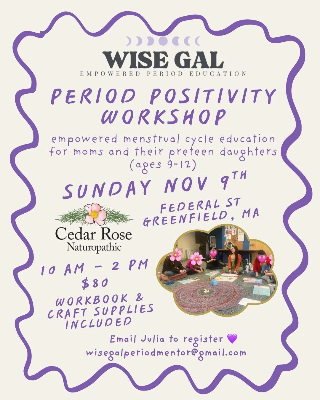 Hey families! 
Next weekend I&rsquo;m hosting a Period Positivity workshop in Greenfield MA at Cedar Rose Naturopathic. This is such a fun empowering and educational experience. 

This is for moms/dads/caregivers and their preteens 9-12. 

My mission