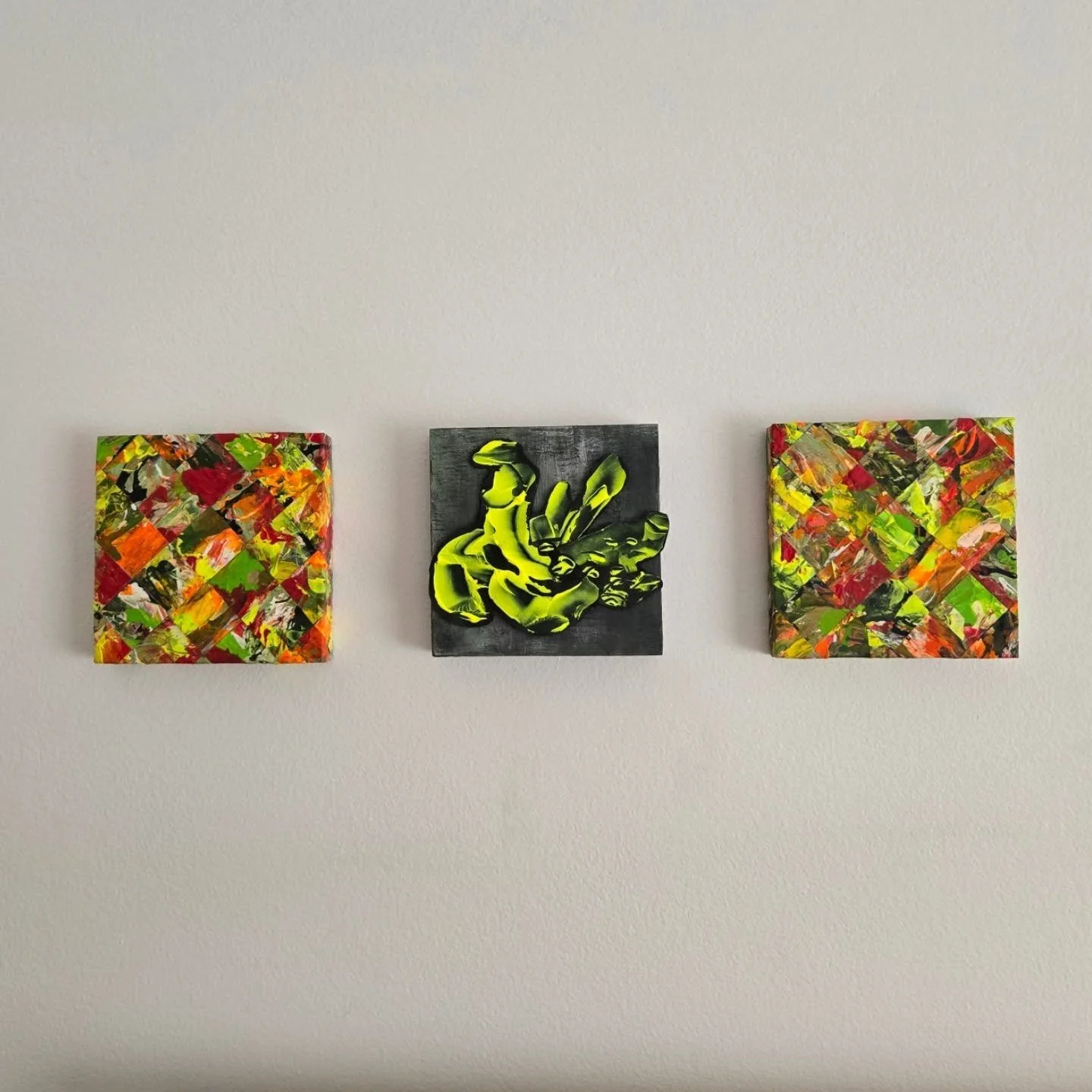 MANTIS (2025)
brza doll
triptych on wooden board, acrylic paint & layered mediums and collage
15.3 x 15.3 x 2.5cm (x3 boards)
traces of earlier paintings are present in much of my work- layers that resist cover, flecks of pigments that refus to