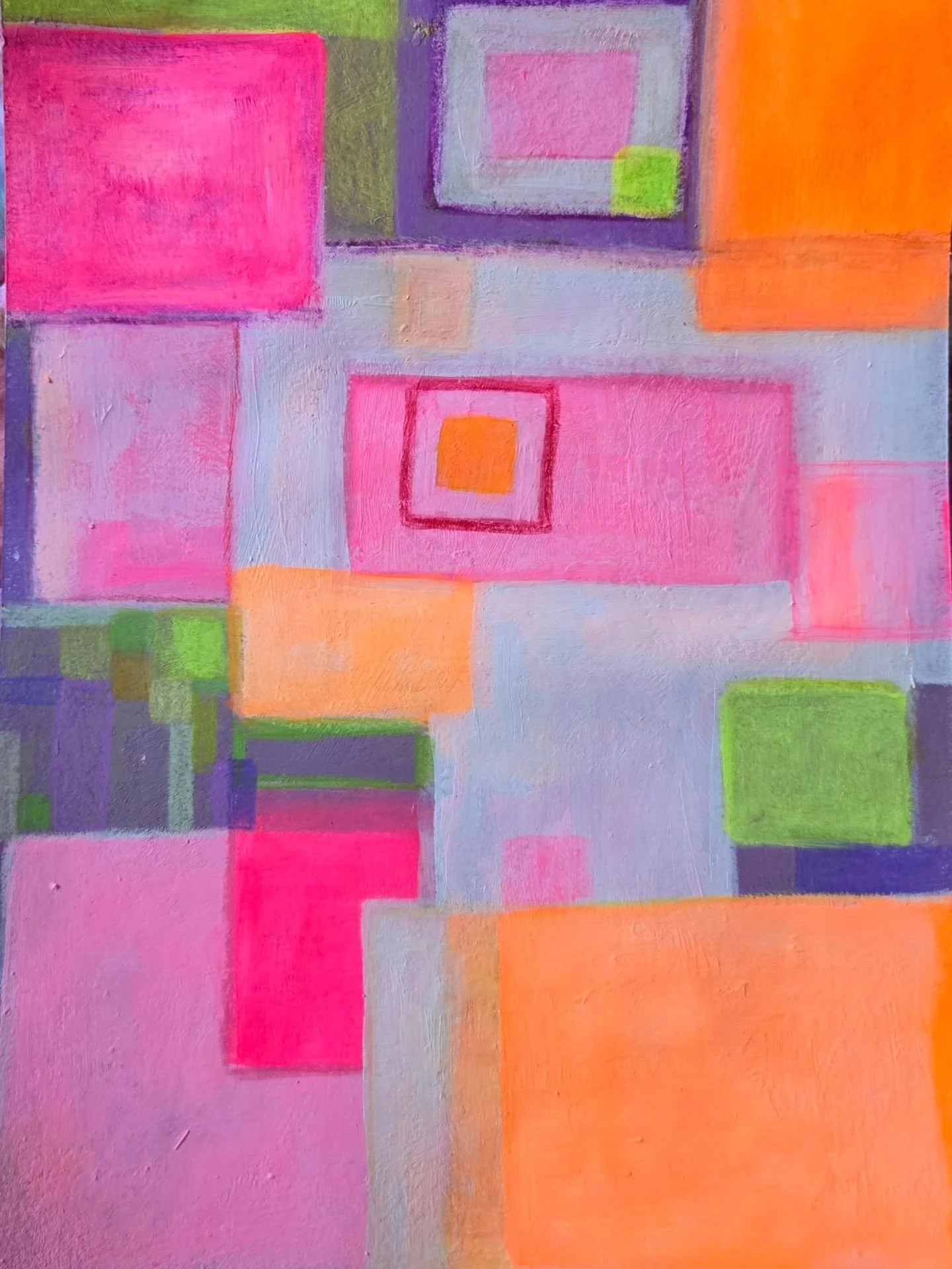 some satisisfyingly-squarish, sketchbook-session

CUTIE CUBIES! 

🟧🟦🟪🟩 

(made during downtime with leftover acrylic paint, prismacolour pencils and no solid plan)

🖤

do you adore flashes of fluoro, too?

#abstractsketchbook #colourstudy #conte