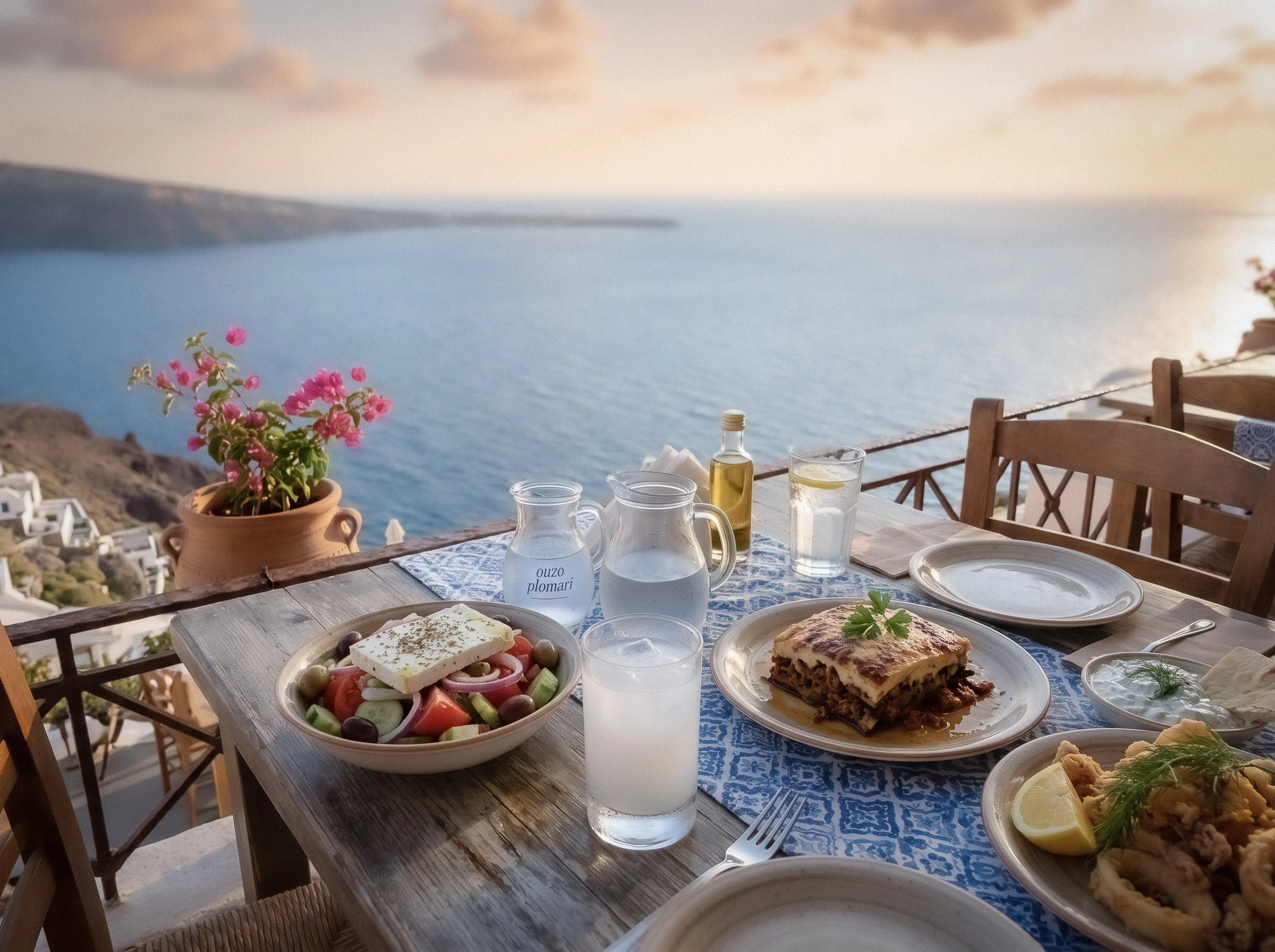 Greek restaurant in Lesvos with traditional dishes and ouzo overlooking the Aegean Sea at sunset