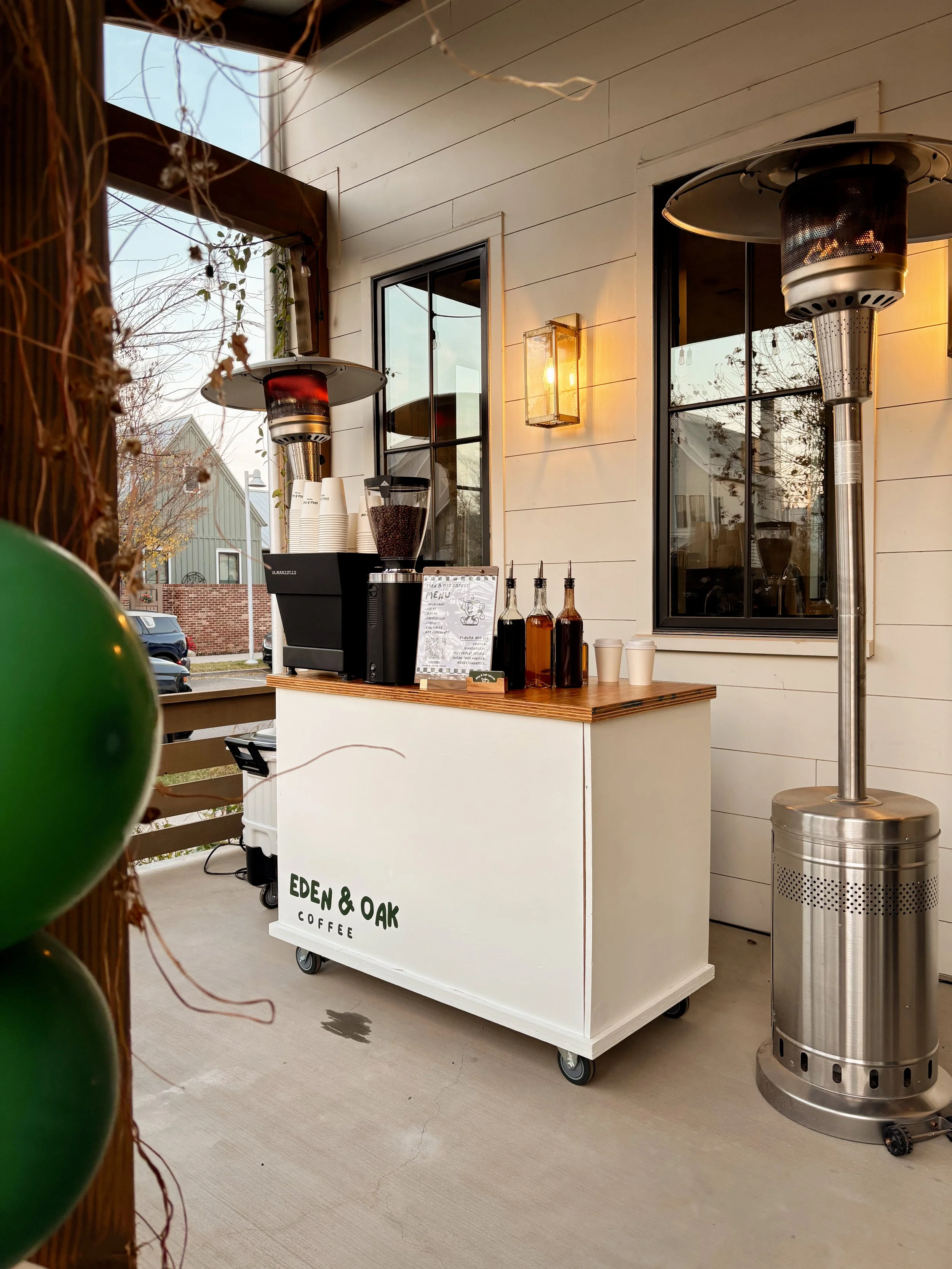 Eden & Oak Mobile Coffee Cart setup, featuring an espresso machine and custom drinksat a house in Oklahoma City, Oklahoma.