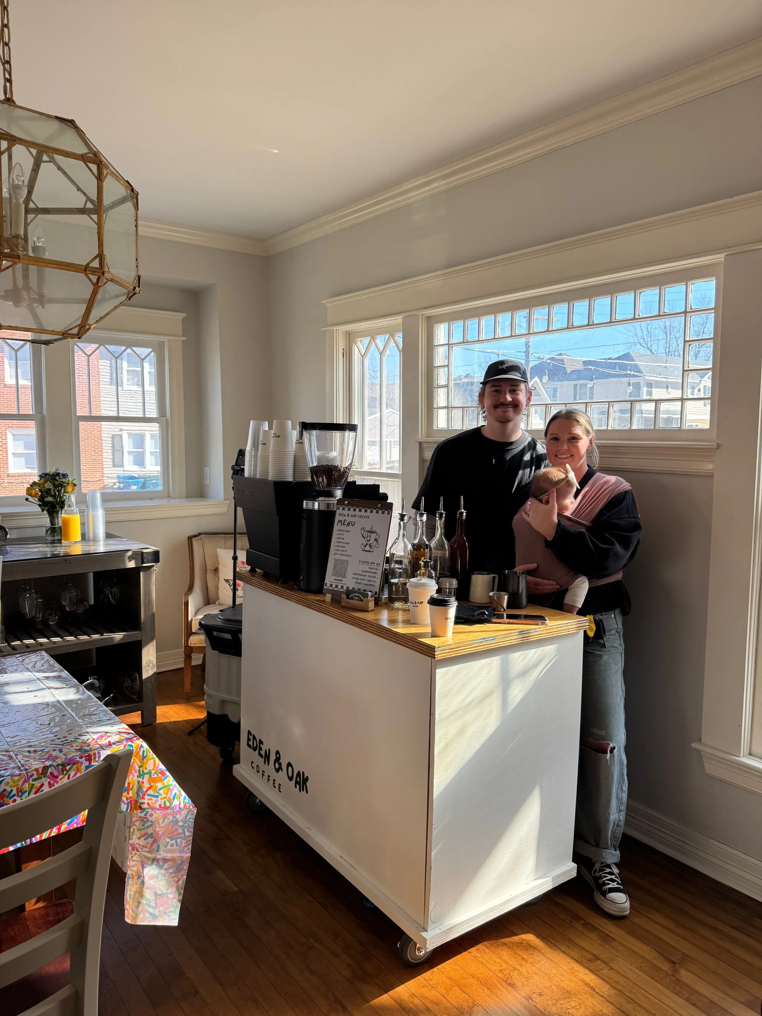 Tom & Jess, founders of Eden & Oak Coffee Cart - a mobile coffee caterer specializing in espresso services, craft coffee, and coffee catering for events in the Oklahoma area.