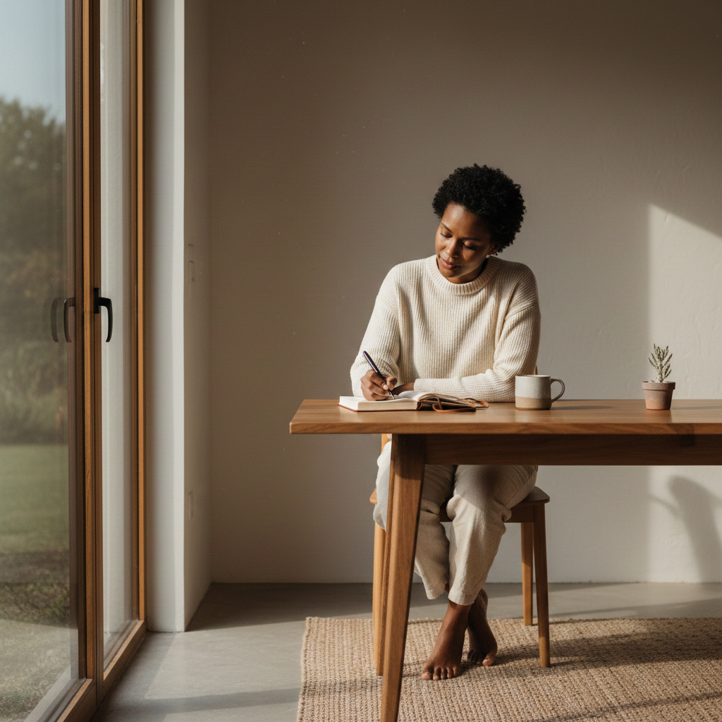 A woman with short curly hair wearing a light-colored sweater sitting at a wooden table in a bright room, writing in a notebook with a pen, a mug, and a small potted plant on the table, near glass sliding doors with a garden outside.