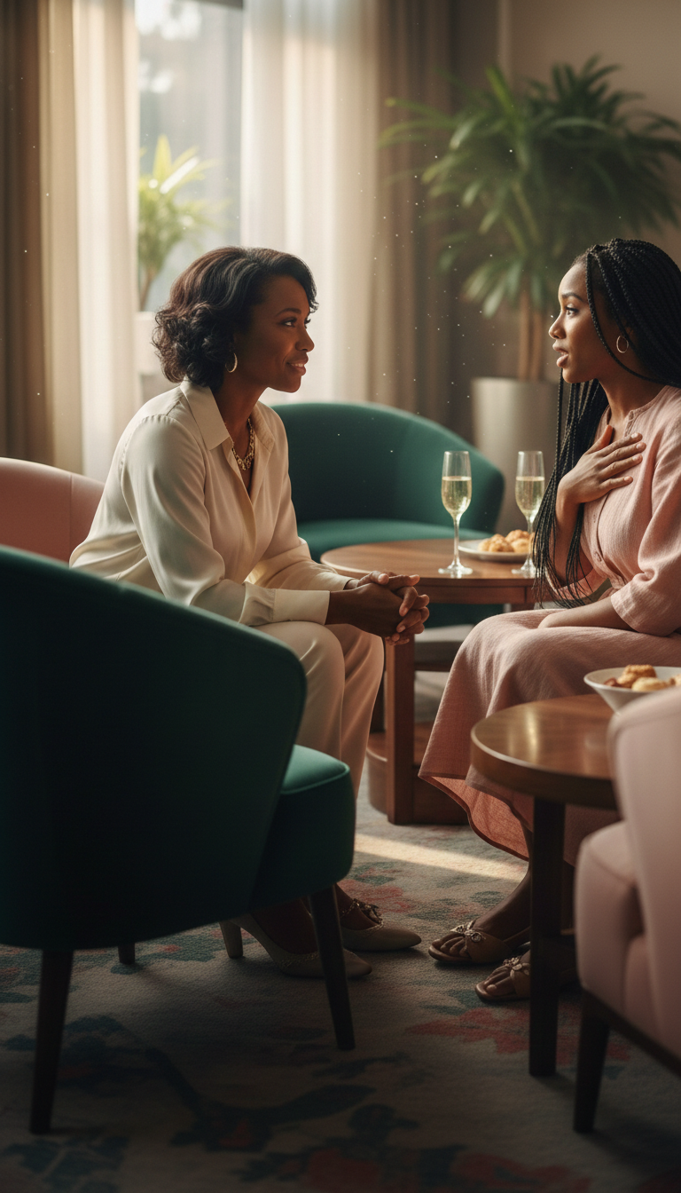 Two women sitting across from each other having a conversation in a cozy, well-lit room with plants and window curtains. They are dressed elegantly, with drinks and snacks on the tables nearby.