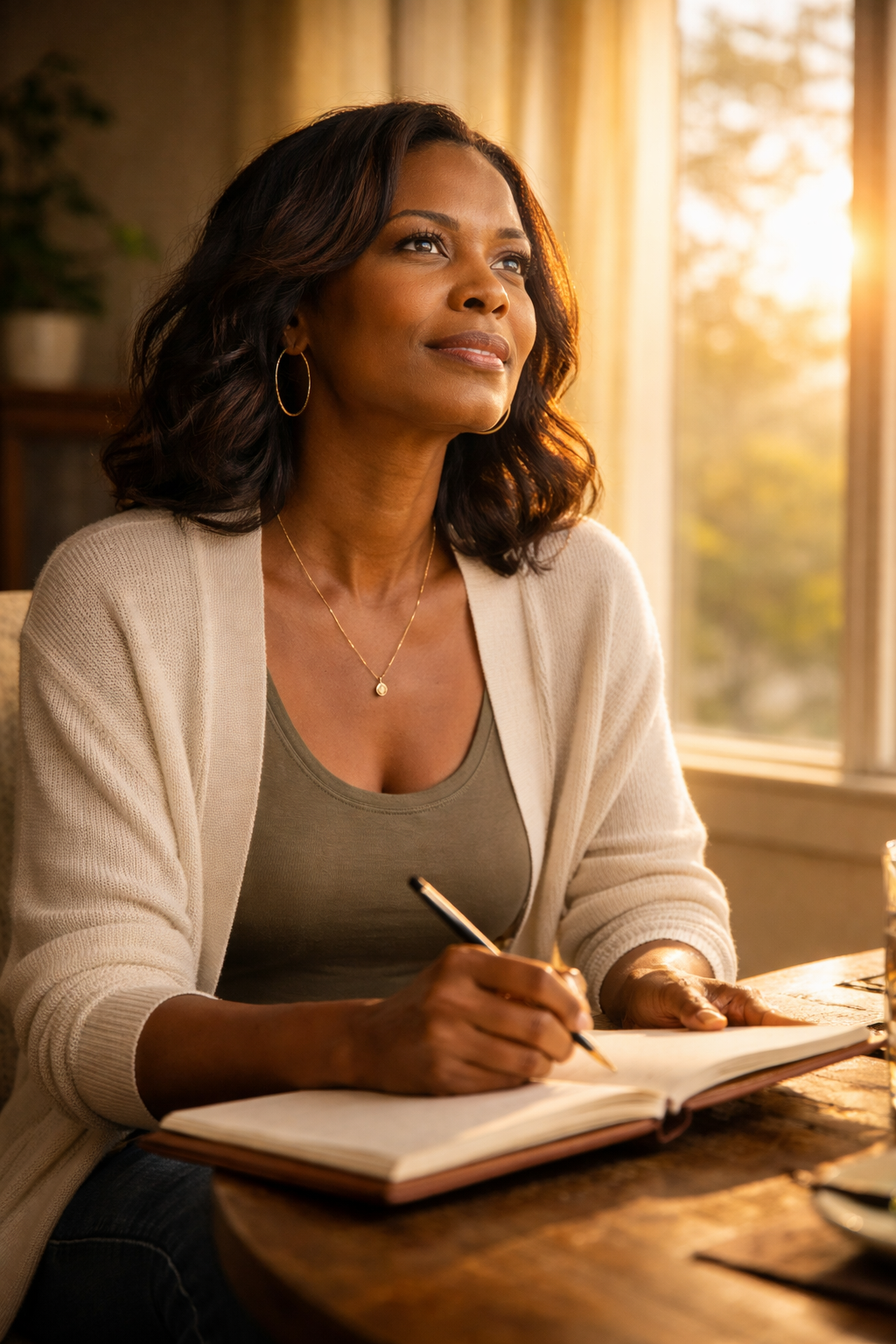A woman with shoulder-length dark hair, wearing a beige cardigan and jewelry, sitting at a wooden table with an open notebook, writing with a pen, illuminated by warm sunlight coming through a window.