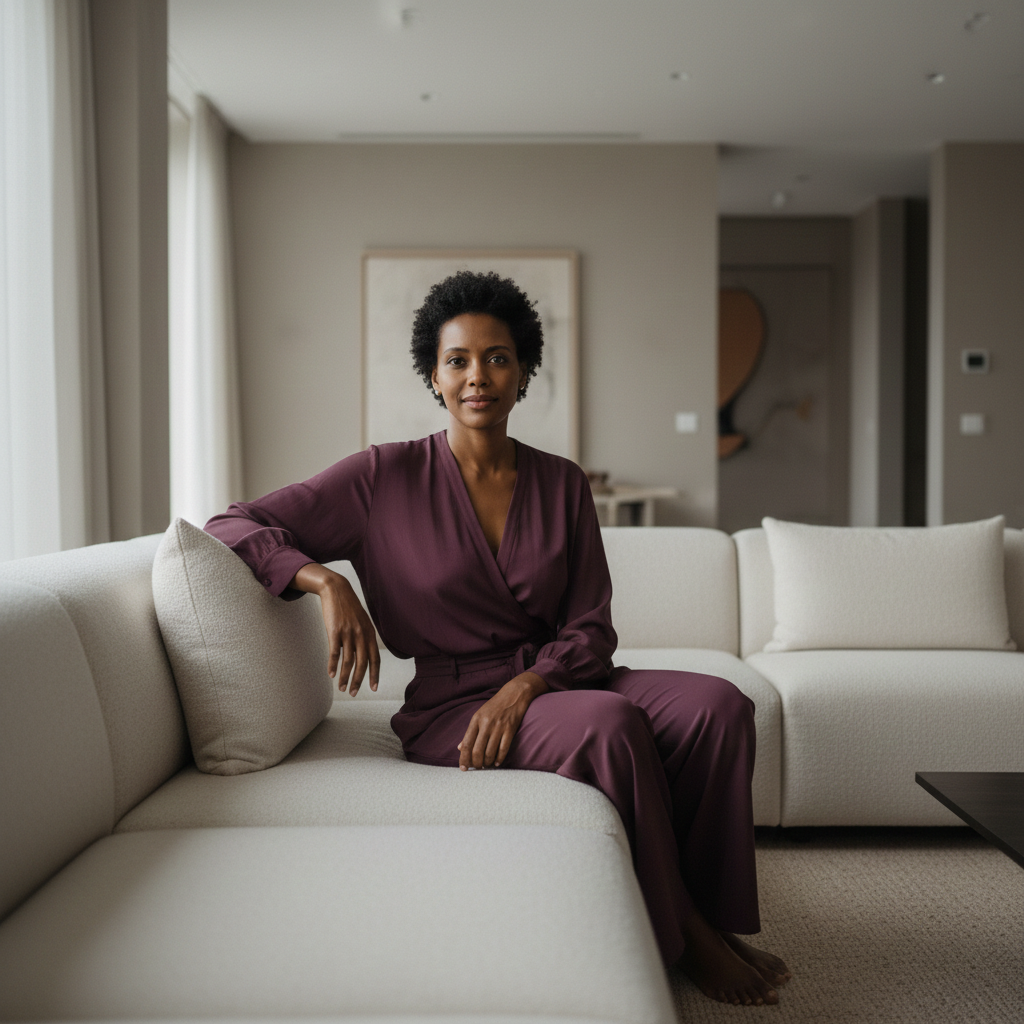 A woman with short curly hair sits on a light-colored sofa in a modern living room, wearing a deep purple long-sleeved outfit, with a neutral expression, in front of a blank wall and large windows with curtains.