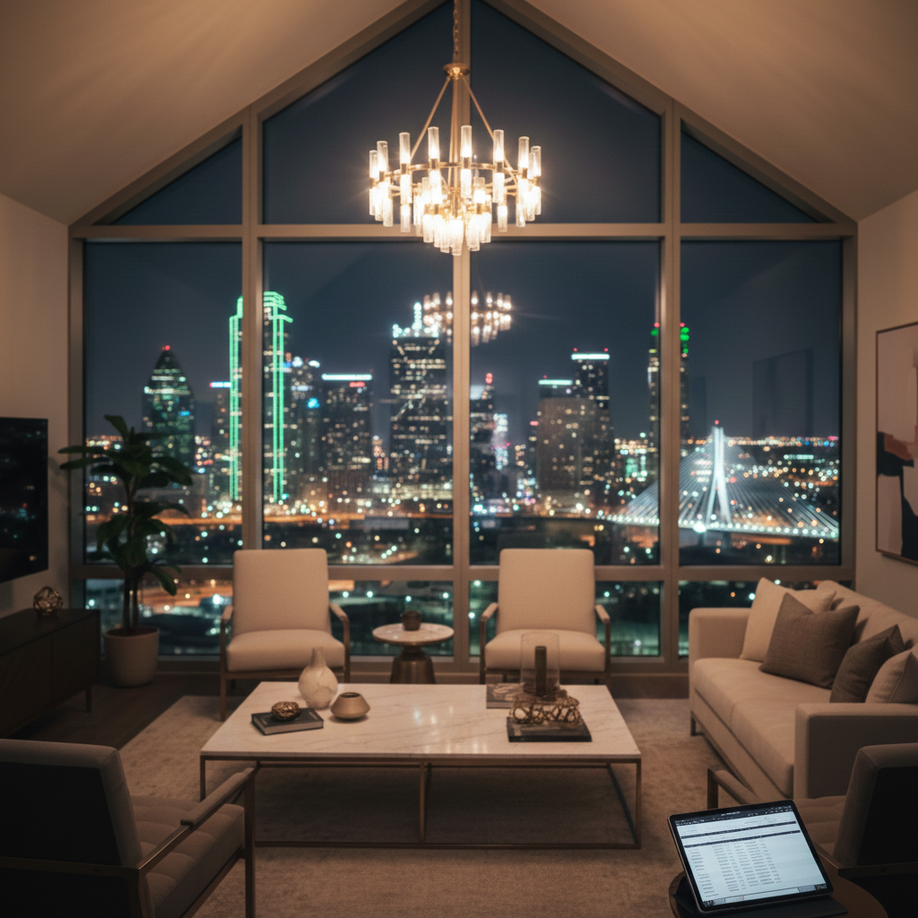A living room with a large window showing a nighttime cityscape with tall buildings lit up, a bridge, and reflections of lights. The room has elegant furniture, including a white sofa, two armchairs, a marble coffee table, and a chandelier hanging from the ceiling.