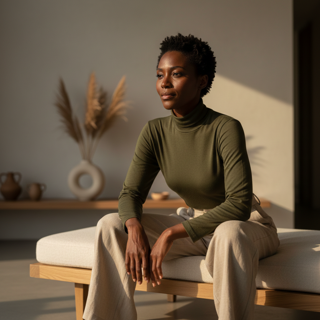 A woman in a green turtleneck and beige pants sitting on a cushioned bench in a well-lit room with minimalist decor, dried pampas grass in a vase and ceramic pots in the background.