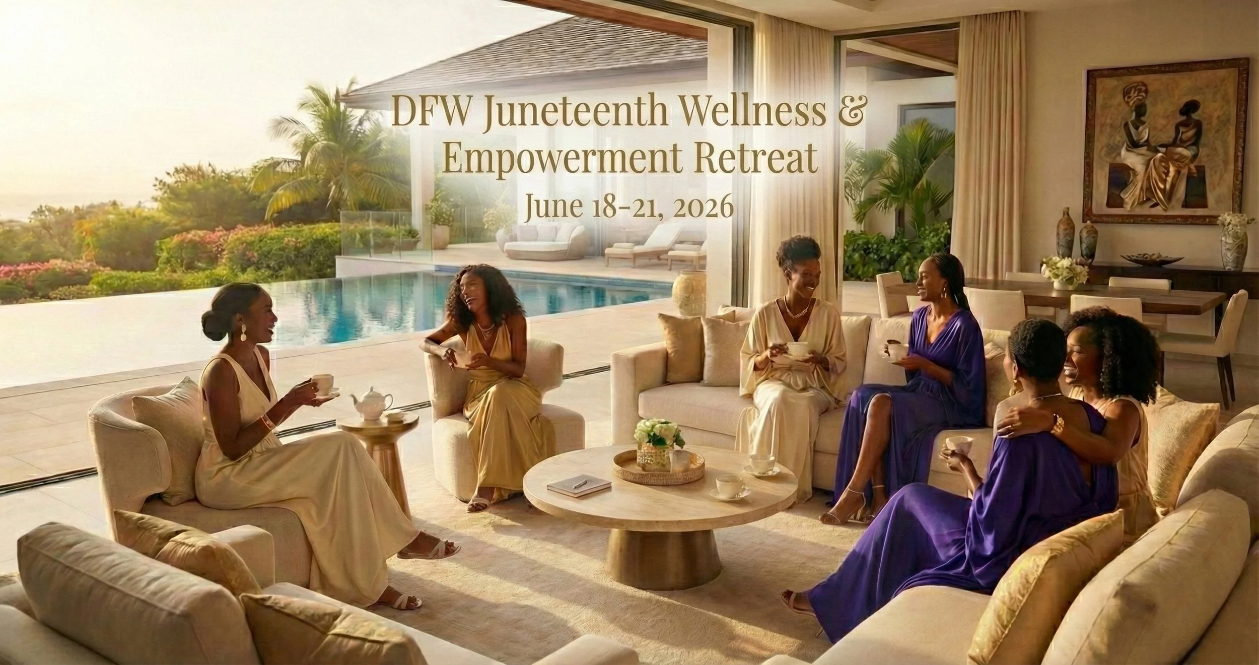 Group of women sitting and chatting in a bright living room with large window, overlooking a swimming pool and lush greenery, during a Juneteenth wellness and empowerment retreat.