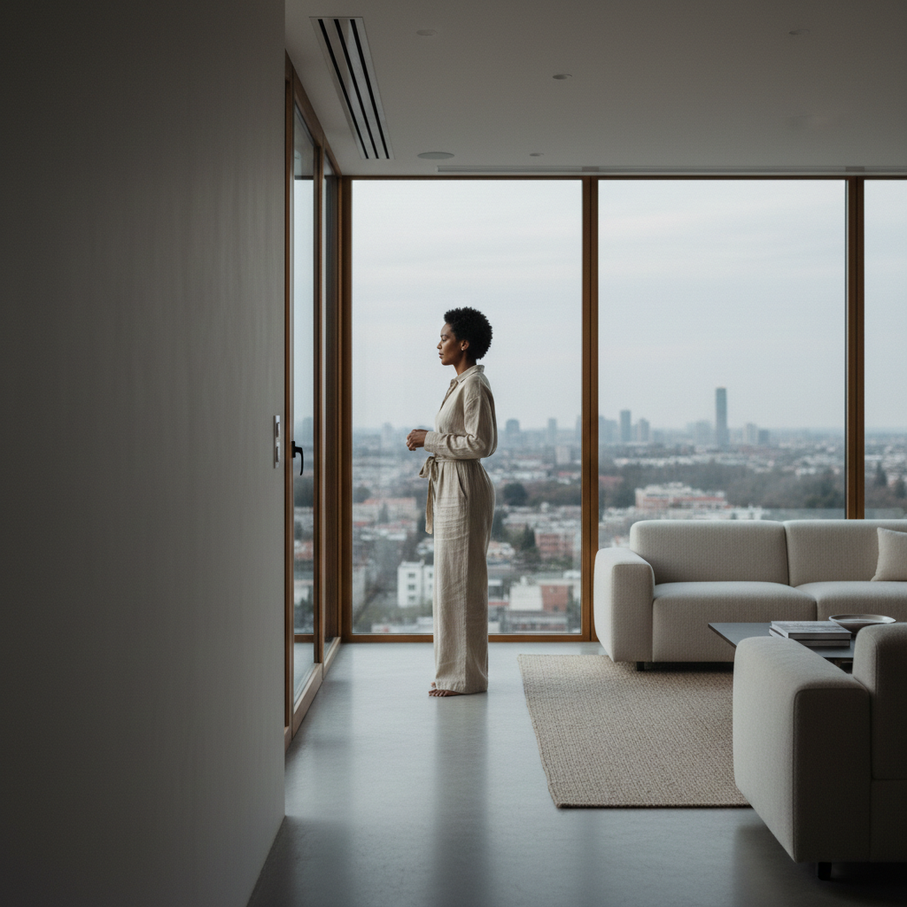 A woman in beige pajamas standing indoors next to large floor-to-ceiling windows with a city view.