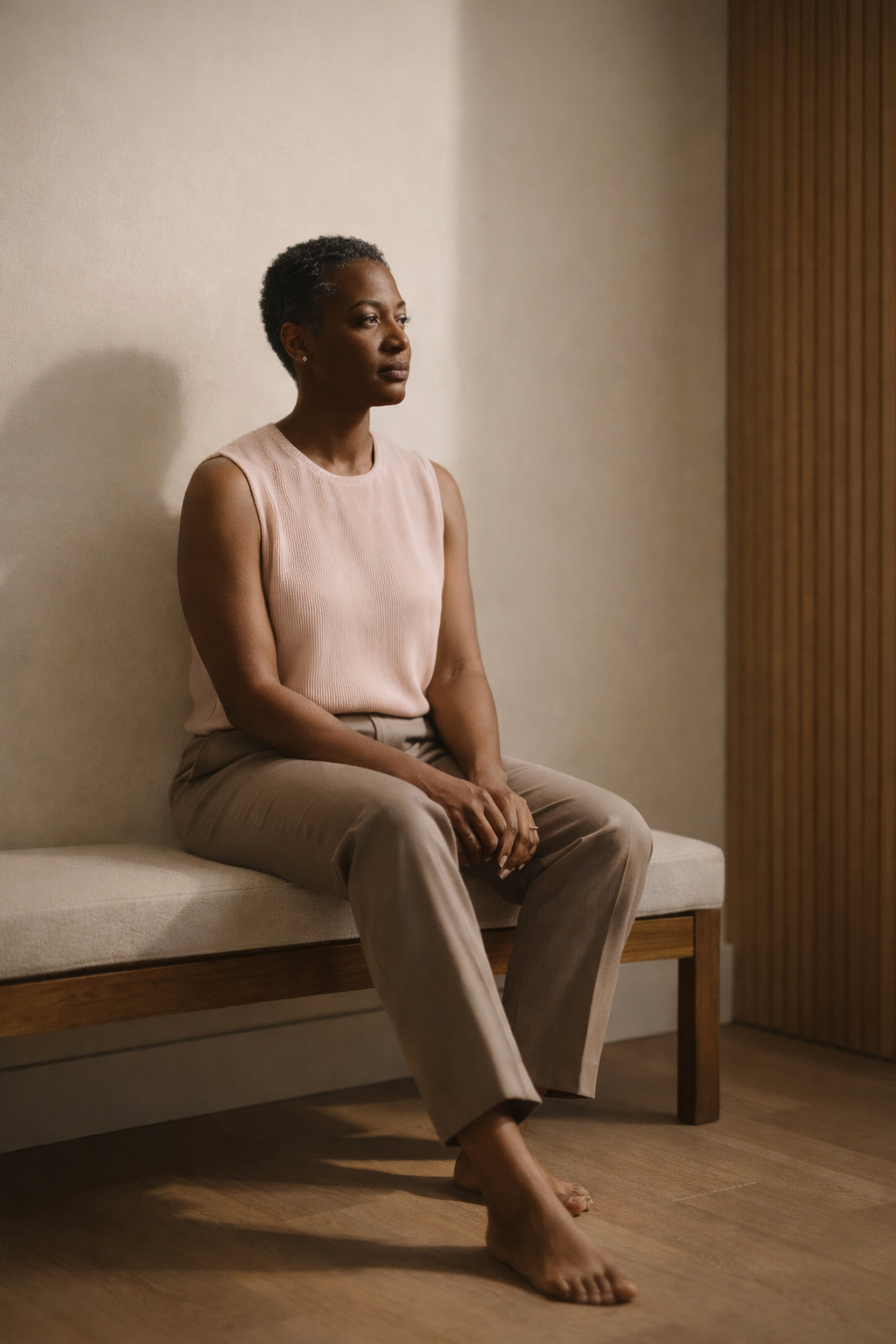 A woman sitting on a bench in a minimalist room with beige walls and wooden flooring, wearing a sleeveless light pink top and beige pants.