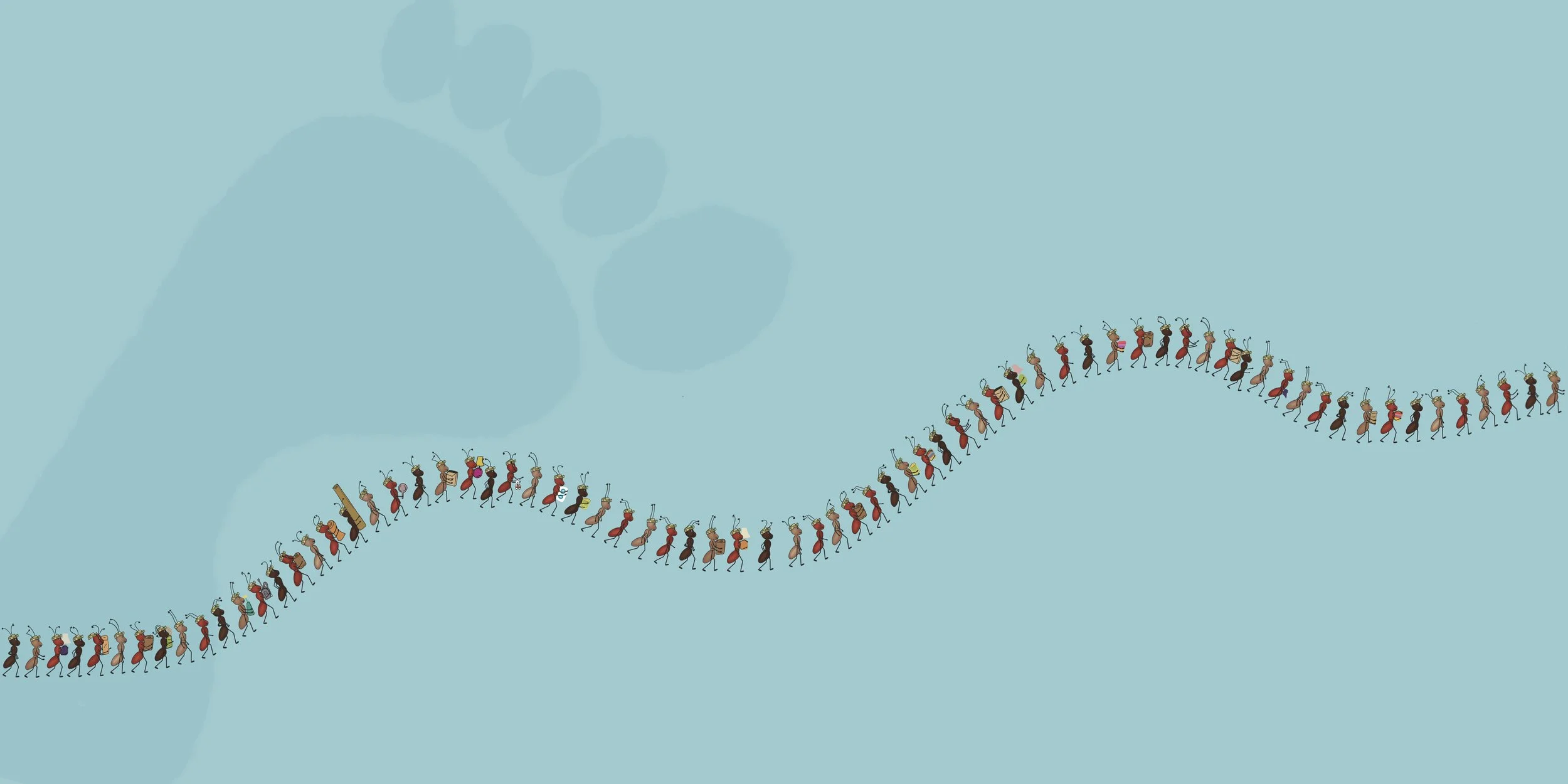 Ants march across the page looking for a place to call home.