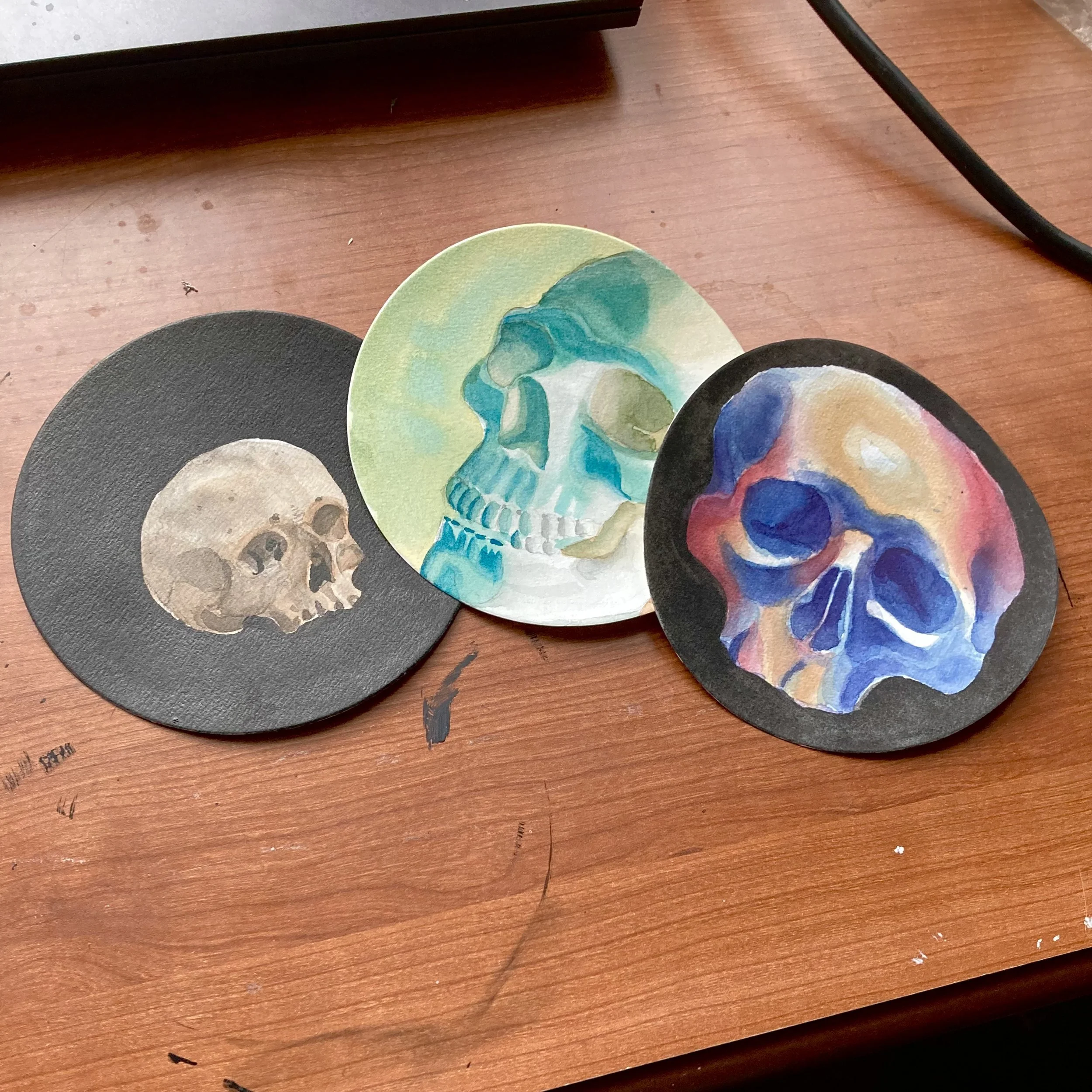 Three paintings of different skulls on circular watercolor paper.