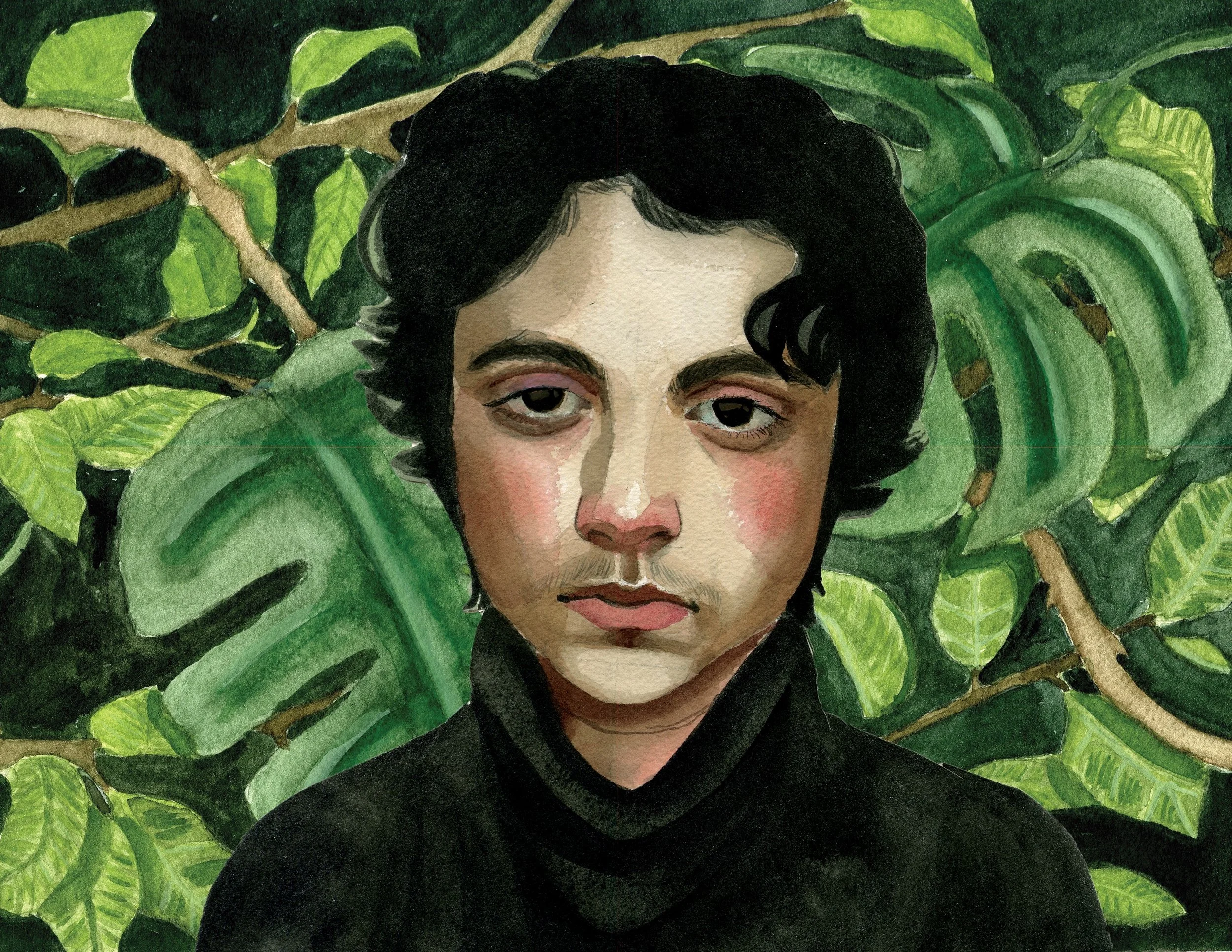 A Frida Kahlo inspired self portrait of Mauro. He has dark hair and eyes and a neutral, almost tired expression. He is wearing a black turtleneck and his hair is slicked back. The background has bright green foliage.
