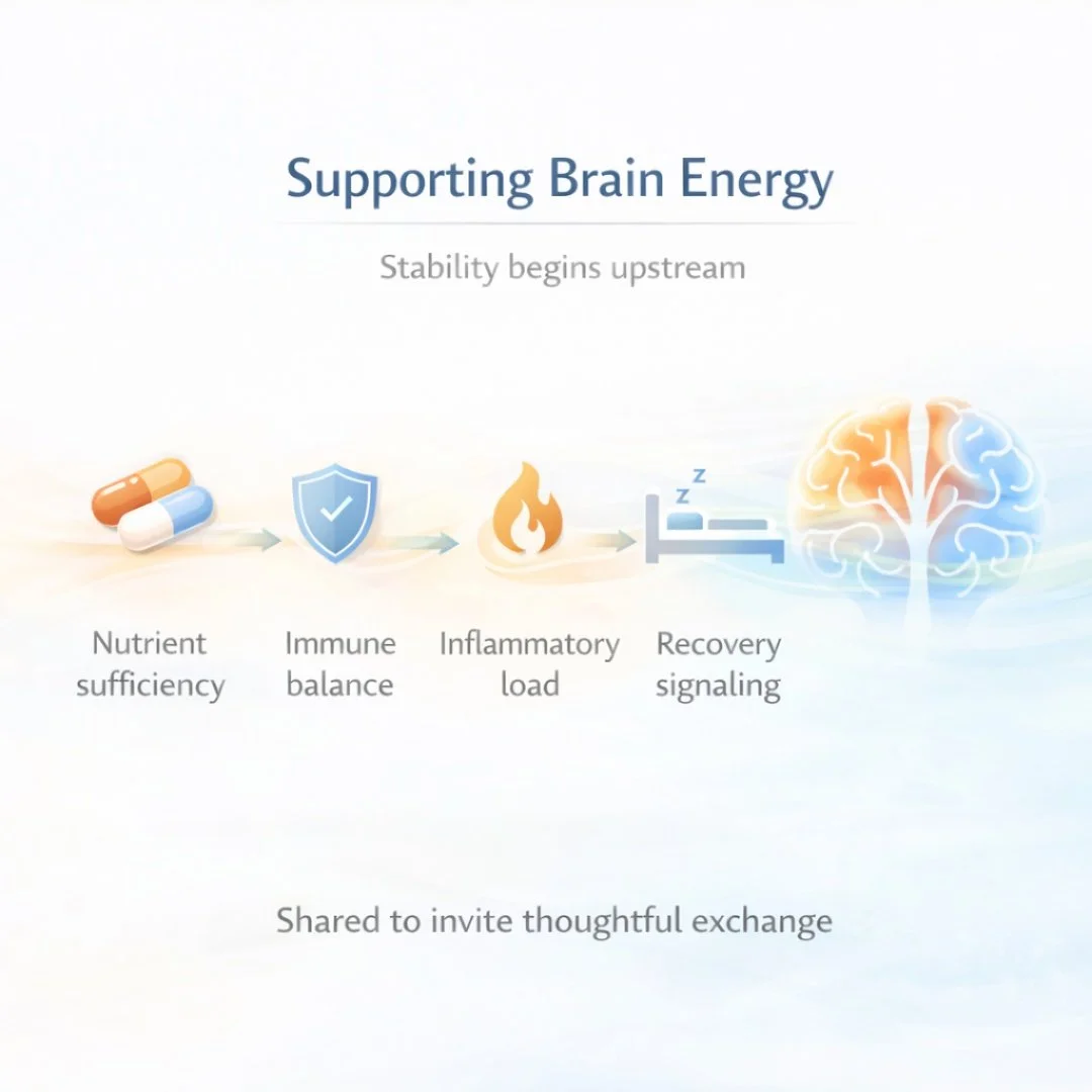 Mood and focus don&rsquo;t exist in isolation.

The brain is one of the most energy-demanding systems in the body. When metabolic signals are disrupted&mdash;by inflammation, nutrient gaps, immune load, or poor recovery&mdash;mental clarity and emoti