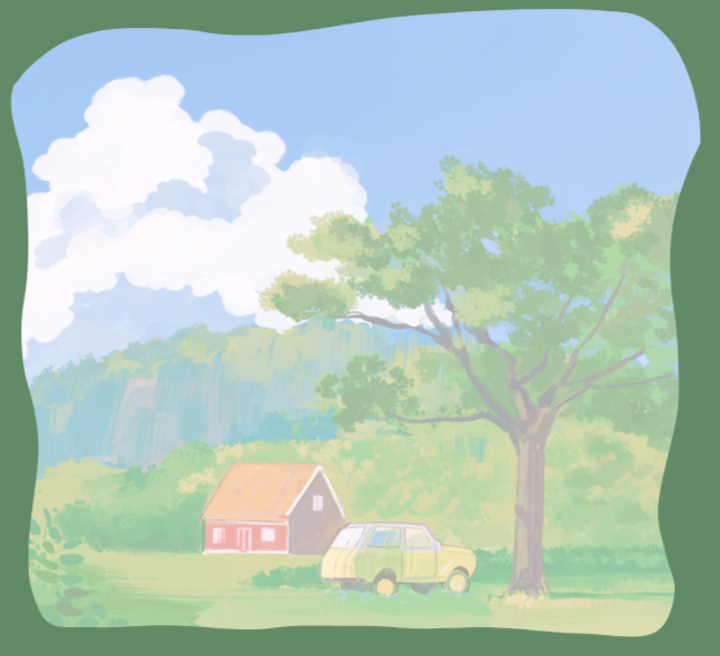 A cartoon scene of a country landscape with a large green tree, a small red barn, a vintage yellow truck, green grass, a blue sky with white clouds, and mountains in the background.