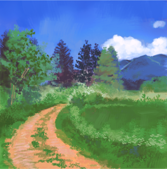 A painting of a dirt path winding through a lush green landscape with trees and mountains under a blue sky with some clouds.