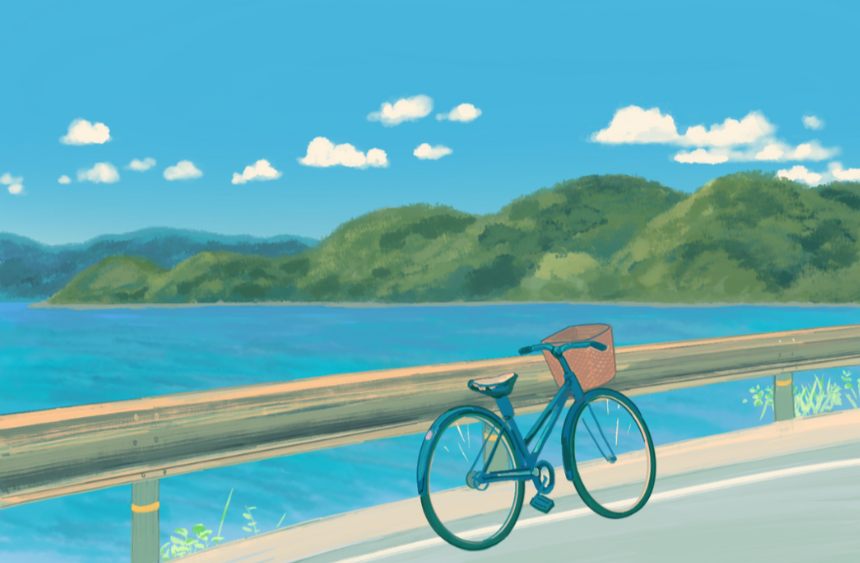 A bicycle with a basket parked beside a railing on a scenic lakeside road with green hills and a blue sky with clouds in the background.