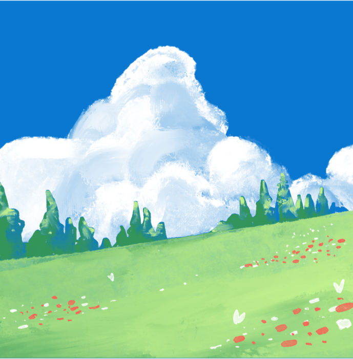 A colorful digital drawing of a green hillside with small white and red flowers, green trees, and a large, fluffy white cloud in a blue sky.