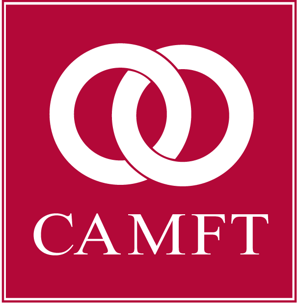 A logo with two interlocking black rings above the text "CAMFT" on a maroon background.