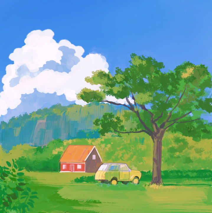 A peaceful rural scene with a large tree, a small red barn, a yellow truck, and green fields under a blue sky with white clouds.