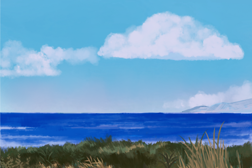 Digital painting of a coastal landscape with grassy foreground, blue ocean, distant land, and a partly cloudy sky.