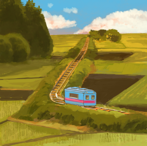 A cartoon-style illustration of a blue train traveling on a narrow track through green, hilly farmland with patches of cultivated fields and some trees under a blue sky with clouds.