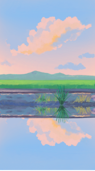 A serene landscape with a calm body of water reflecting the pink-tinged clouds and blue sky above, green grassy fields, and distant mountains.