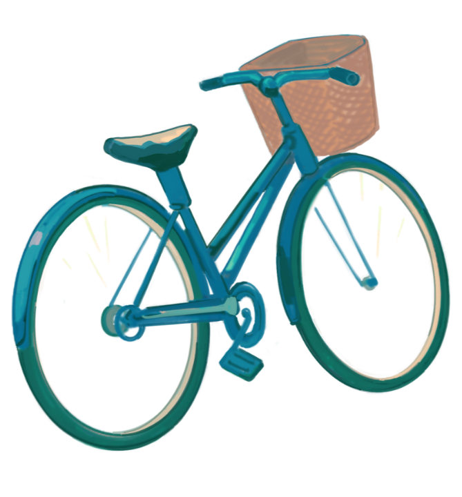 Illustration of a blue bicycle with a wicker basket attached to the front.