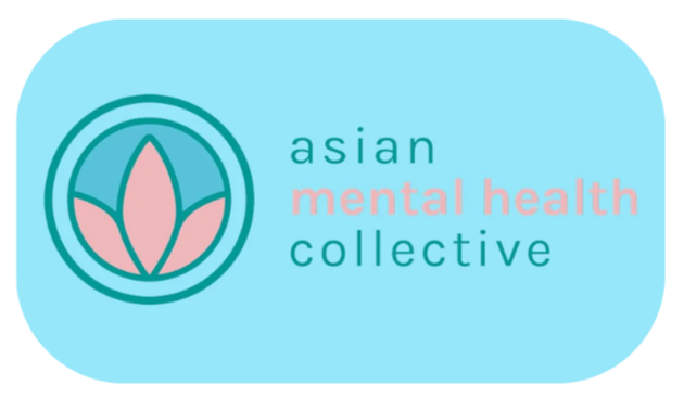 Logo for Asian Mental Health Collective with a stylized lotus flower and text in teal and pink on a light blue background.