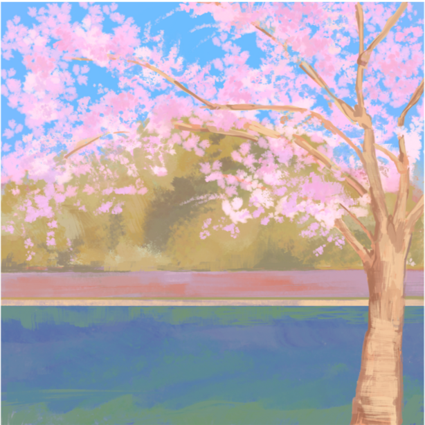 A digital painting of a pink cherry blossom tree overlooking a peaceful body of water with a blue sky in the background.