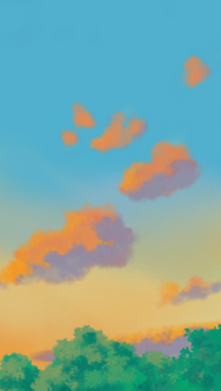 Colorful sunset sky with orange, purple, and pink clouds above green trees.