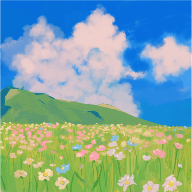 A bright painting of a green hillside covered with pink, white, and blue flowers under a blue sky with fluffy white clouds.