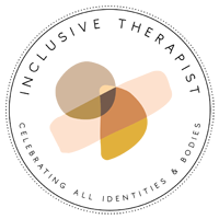 Logo for Inclusive Therapist, featuring overlapping colored abstract shapes and the text 'Inclusive Therapist' and 'Celebrating All Identities & Bodies'