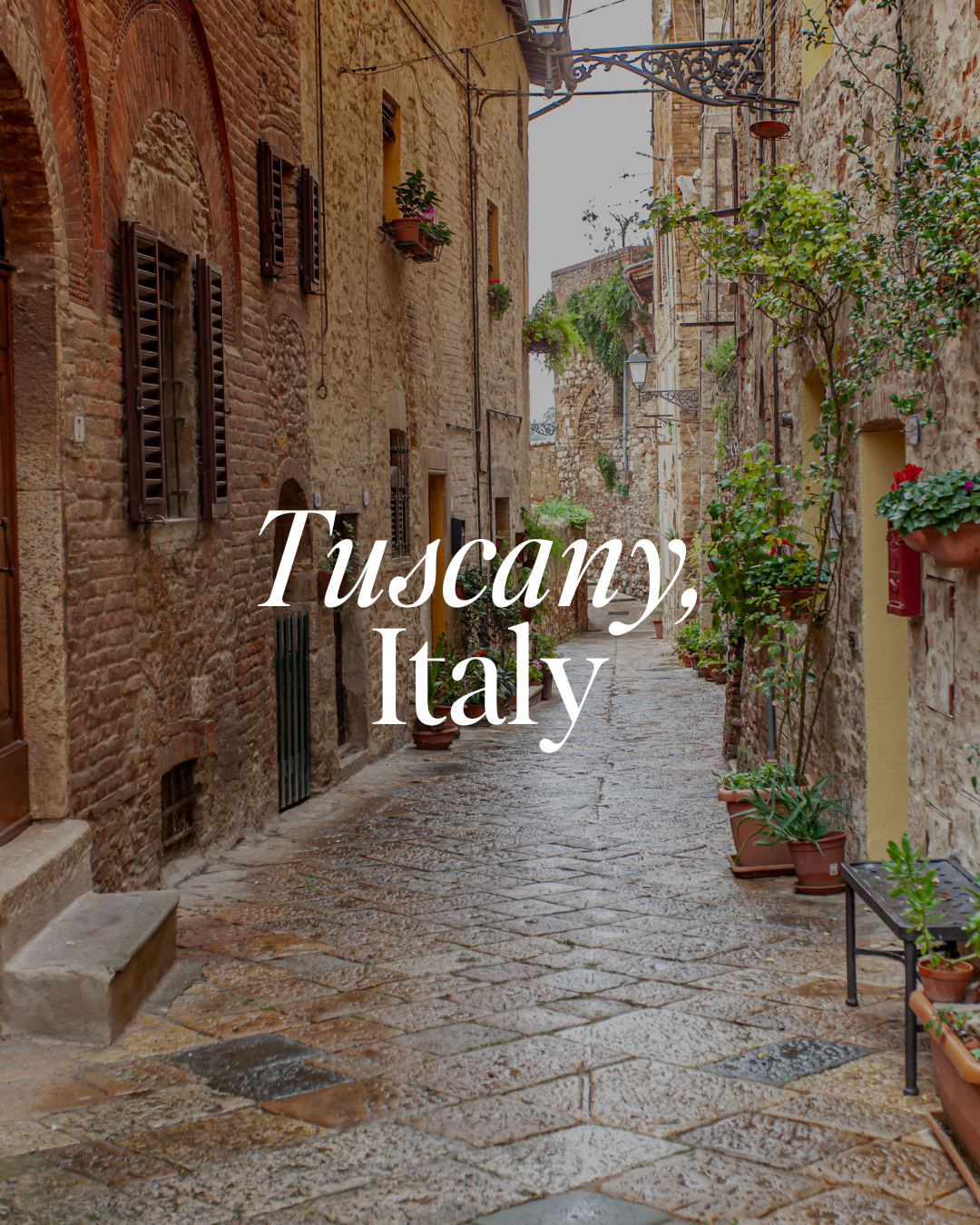 Cobblestone street lined with old brick and stone buildings with potted plants and flowers, in Tuscany, Italy.