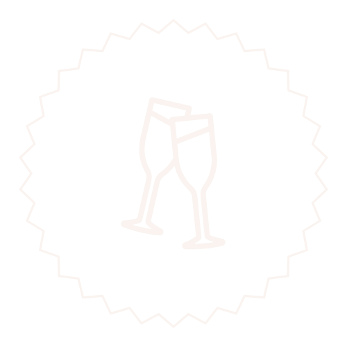 Two champagne glasses clinking inside a starburst outline.