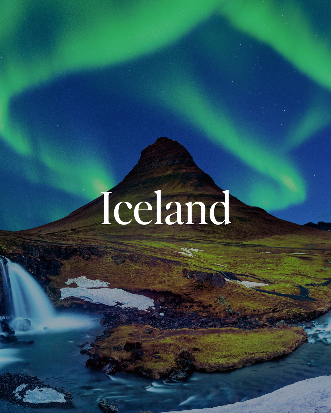 Nighttime scene of Kirkjufell mountain with green Northern Lights in the sky, waterfalls, and river in Iceland.