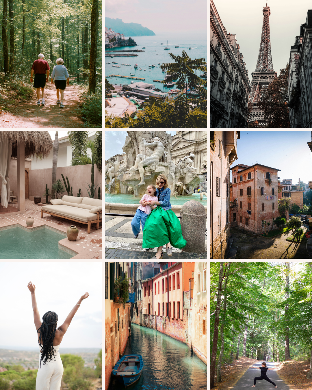 A collage of nine different travel and leisure scenes including two people hiking in a forest, a coastal harbor with boats, the Eiffel Tower in Paris, a patio with poolside furniture, two women in front of classical sculptures, a narrow canal with colorful buildings, a woman with outstretched arms in a field, a canal in Italy, and a person practicing yoga on a wooded path.