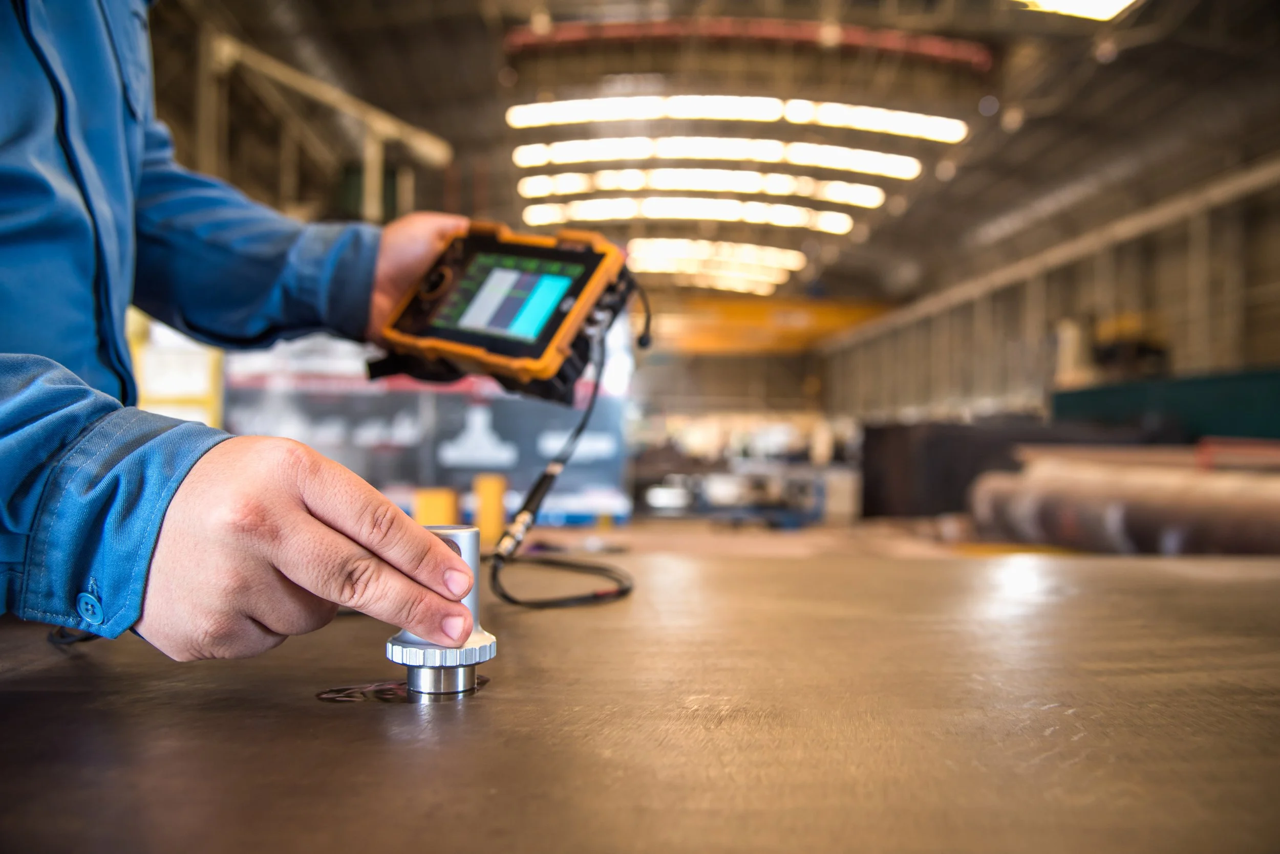 A worker in a blue shirt using a handheld device and a dial indicator to measure a metal piece on a workbench inside an industrial workshop.